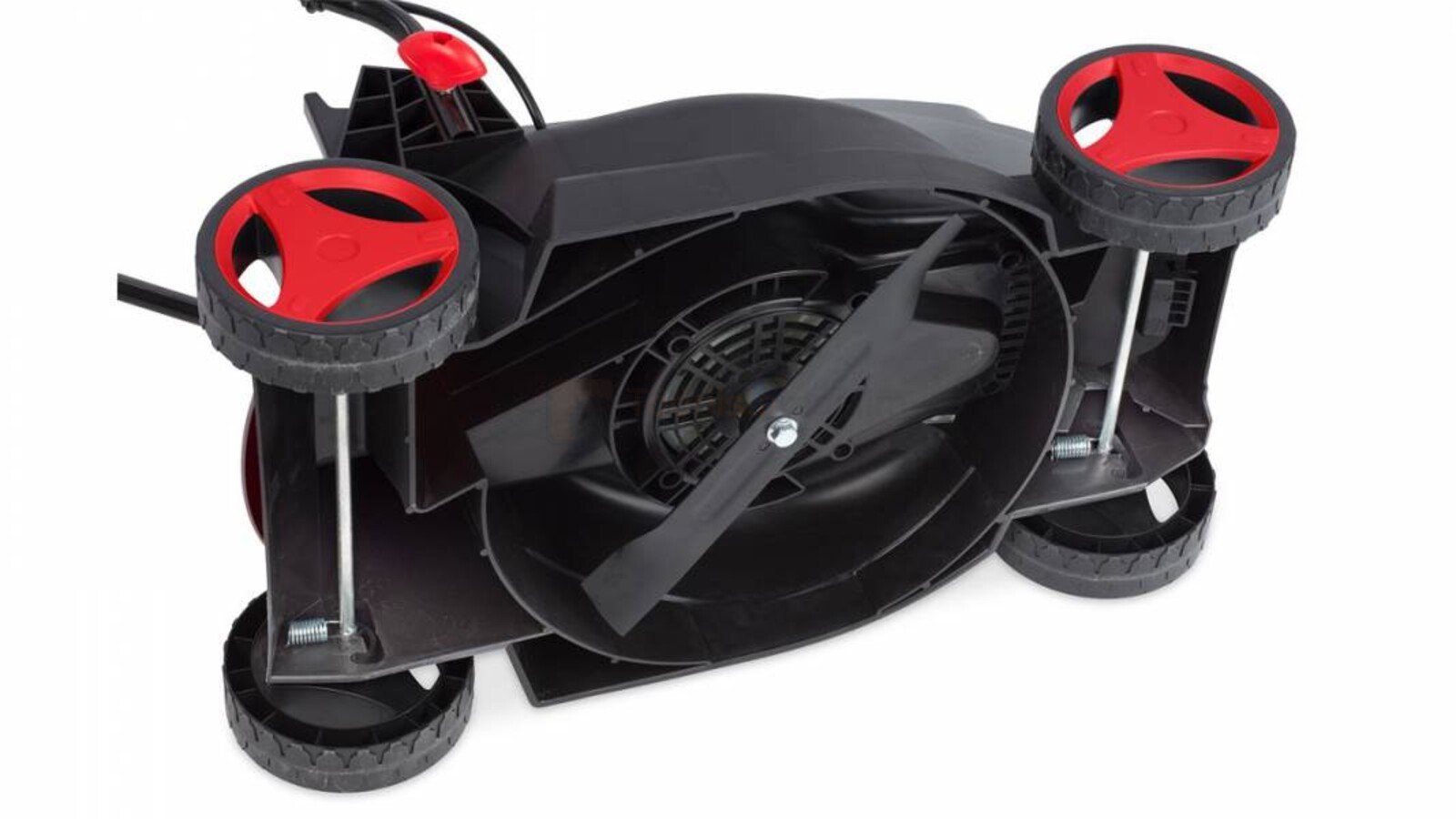 Pildil on näha musta korpusega elektriline muruniiduk Powerplus E POWEG63705, millel on punased rattad ja terad.