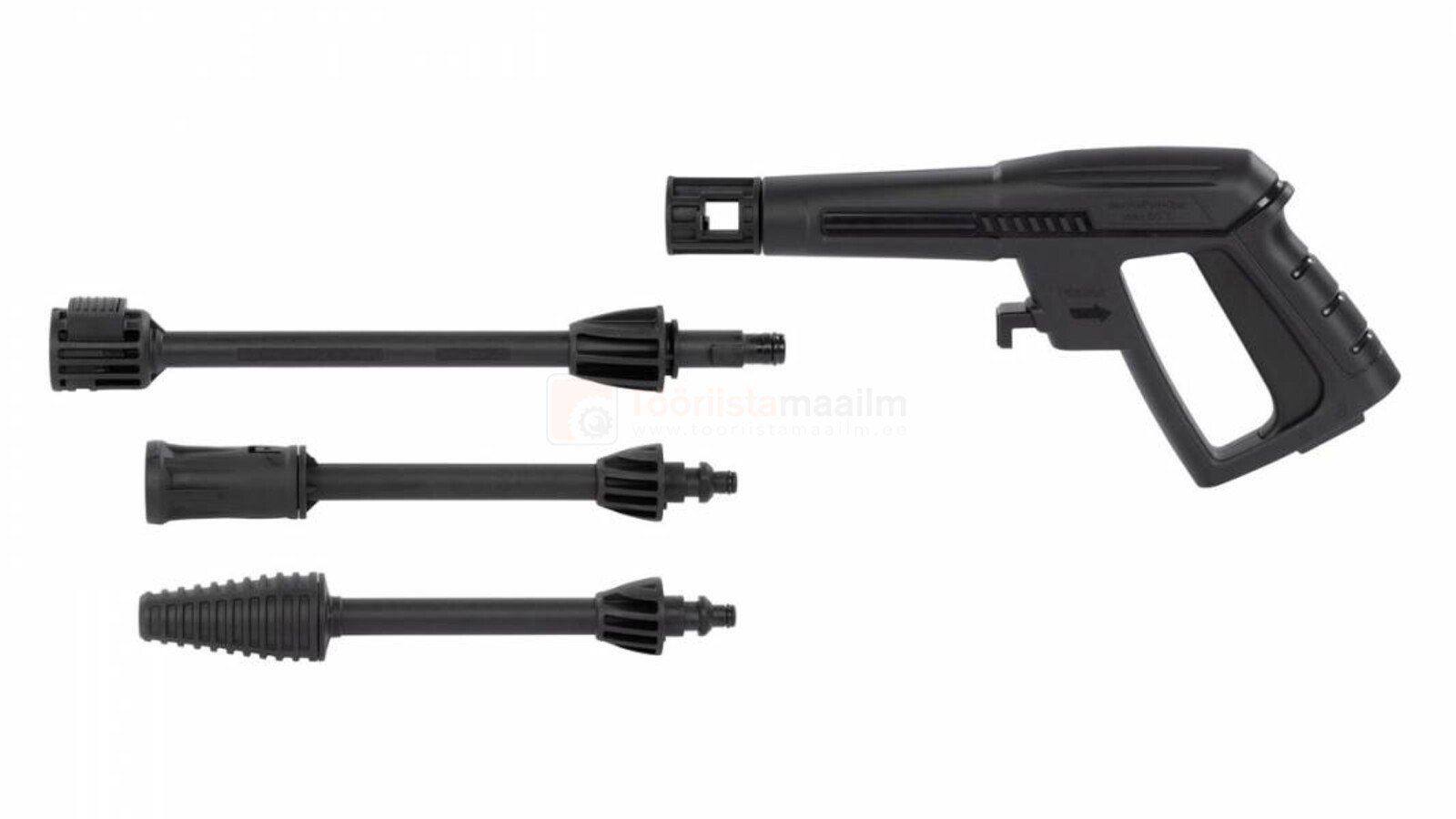 Pildil on Powerplus X POWXG90501 survepesuri käepide ja erinevad otsikud.