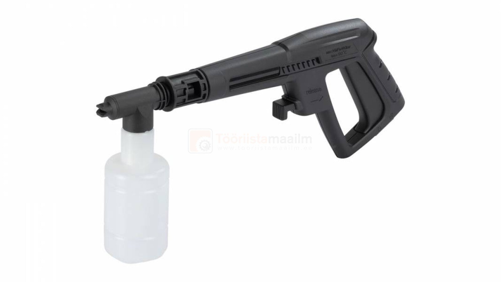 Pildil on musta värvi Powerplus X survepesuri POWXG90501 pihusti koos läbipaistva seebimahutiga.