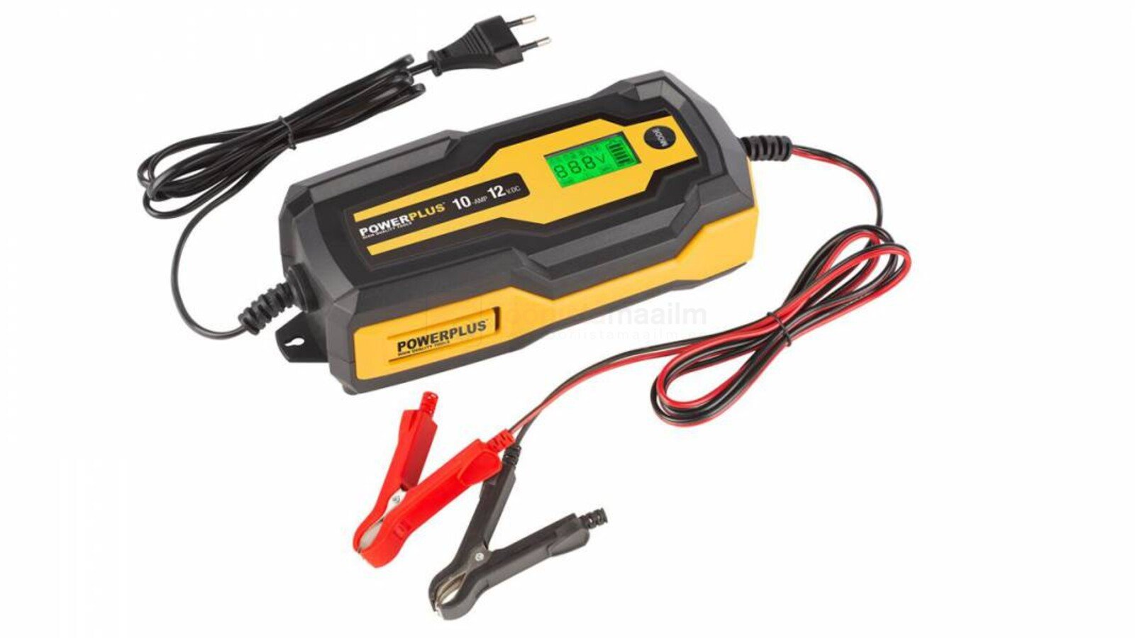 Pildil on Powerplus POWX4207 akulaadija, millel on ekraan, toitekaabel ja akuklambrid.