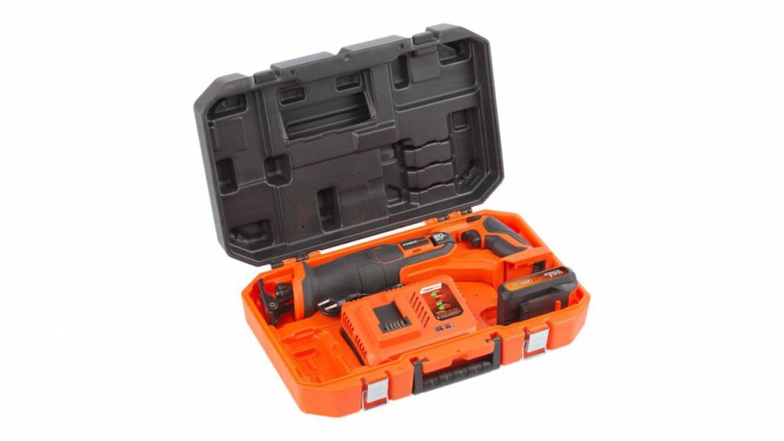 Pildil on avatud oranžis kohvris Powerplus Dualpower akuotsasaag POWDP25110 koos akude ja laadijaga.