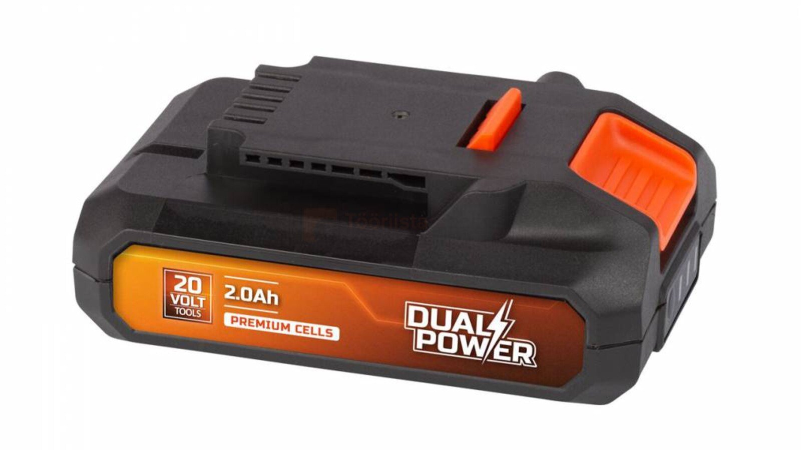 Pildil on musta ja oranži värvi aku Powerplus Dual Power 20V 2,0 Ah, millel on näha ka brändi logo.