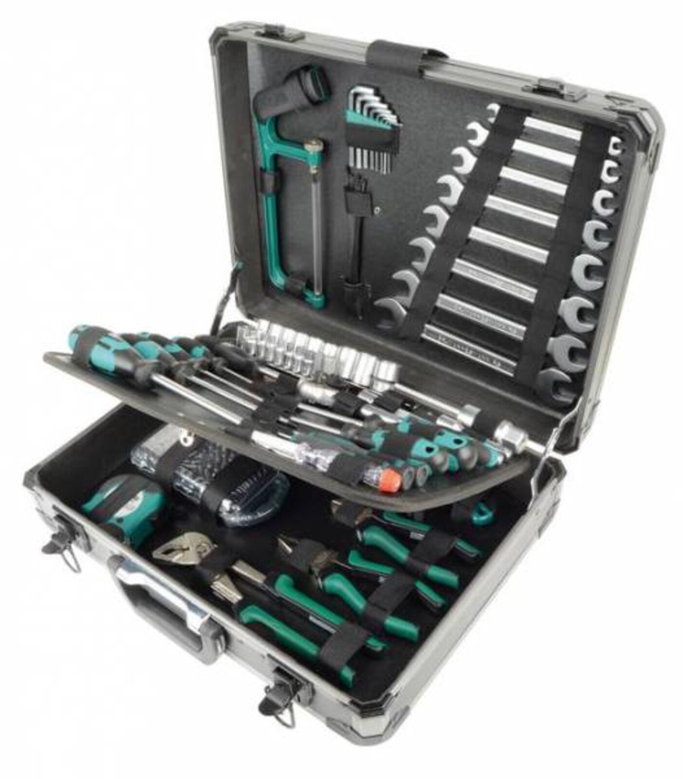 Pildil on avatud Mannesmanni 133-osaline tööriistakomplekt, mis sisaldab erinevaid tööriistu nagu mutrivõtmed...