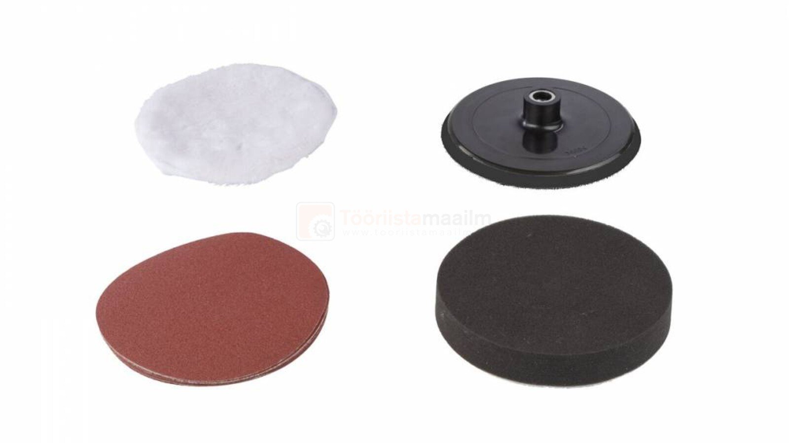 Pildil on Powerplus Dualpower akupoleerija POWDP4070 tarvikud, mis sisaldavad poleerimispatju, lihvketast ja kinnitusplaati.