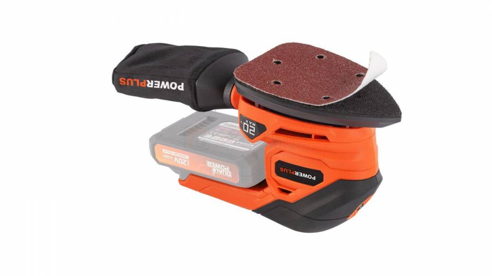 Pildil on Powerplus Dualpower akukolmnurklihvija, millel on küljes lihvpaber, tolmukott ja aku.