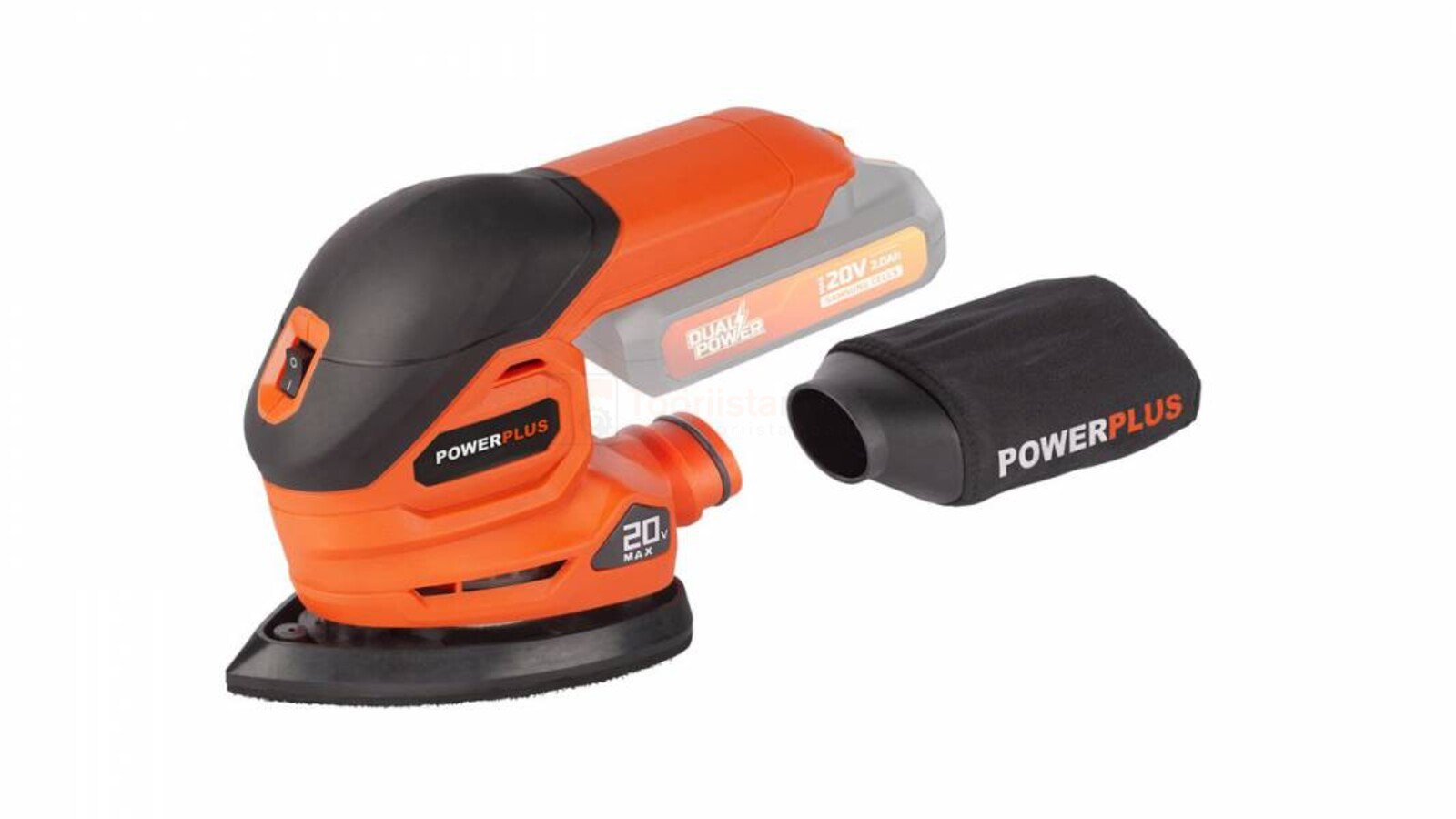 Pildil on Powerplus Dualpower akukolmnurklihvija, millel on eemaldatav tolmukott ja aku.