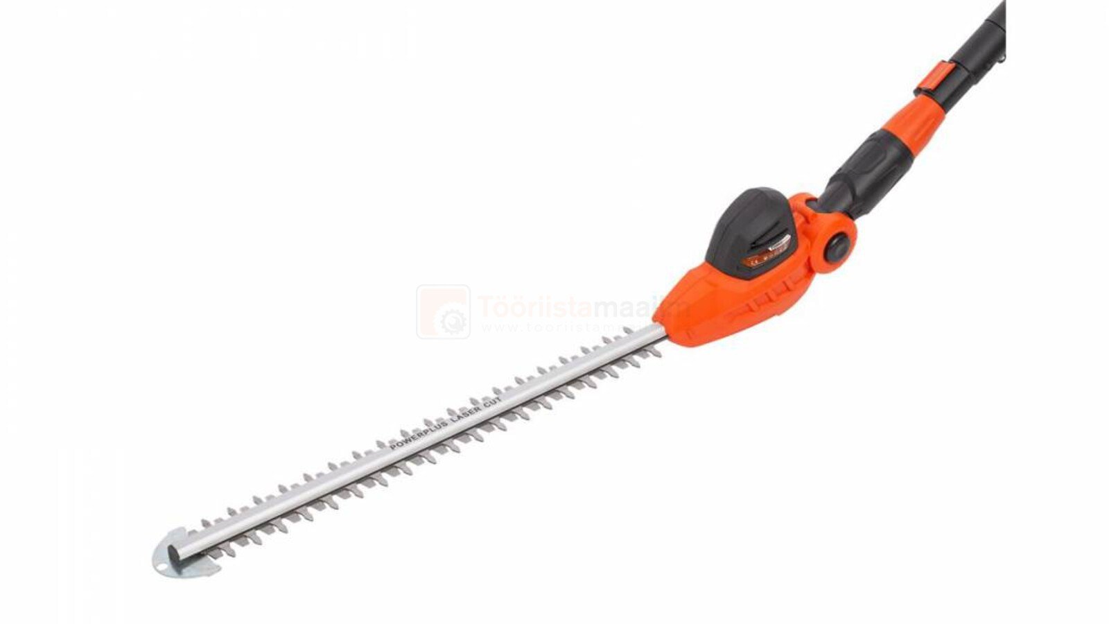 Pildil on näha Powerplus Dualpower akuhekilõikur, millel on pikendatav vars ja terav lõiketerade komplekt.