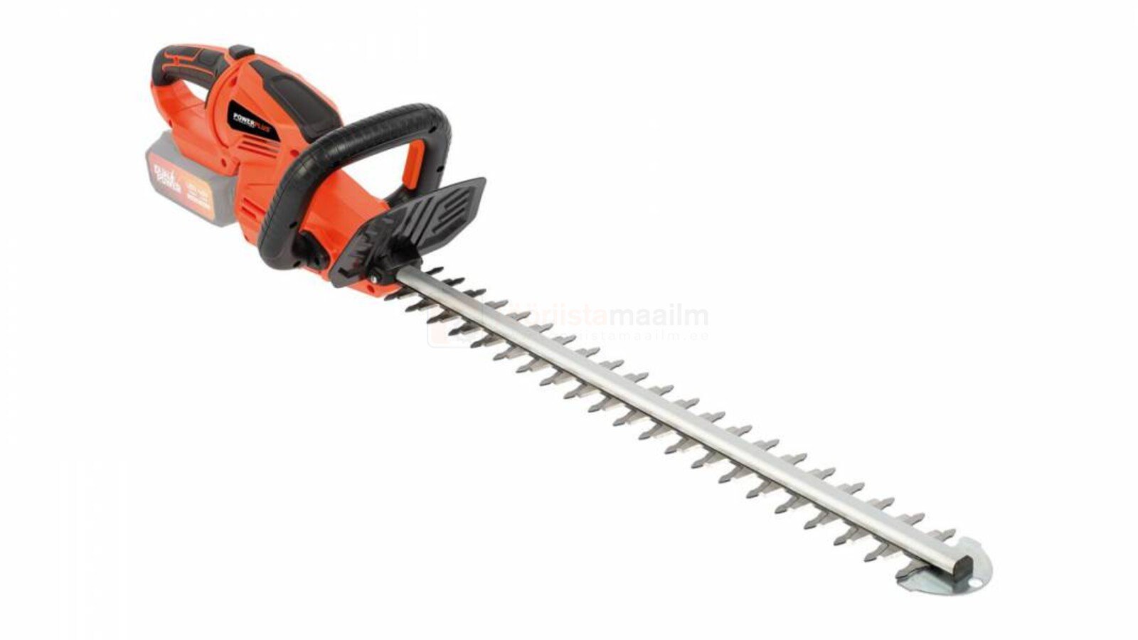 Pildil on Powerplus Dualpower akuhekilõikur, millel on oranž korpus, must käepide ja pikk lõiketerade komplekt.