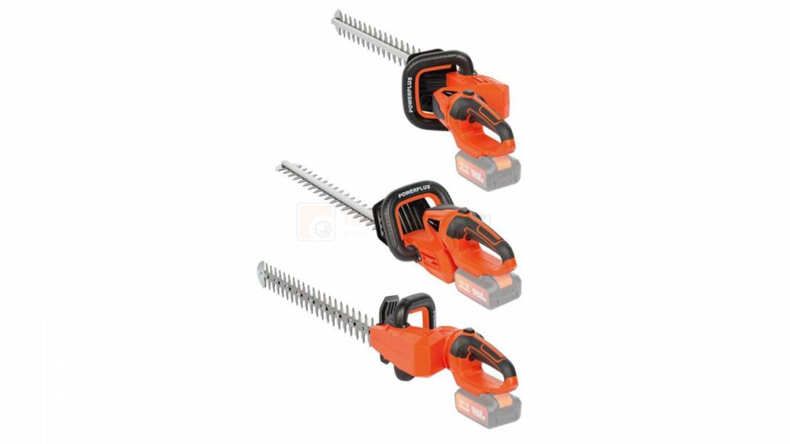 Pildil on kolm erinevas asendis Powerplus Dualpower akuhekilõikurit POWDPG7536, mis on ilma aku ja laadijata.