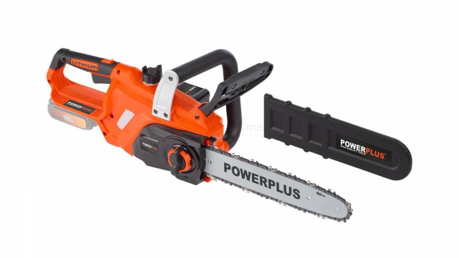 Pildil on oranž-must Powerplus Dualpower akukettsaag koos saeketi kaitsega, mis on mõeldud kasutamiseks ilma aku ja...