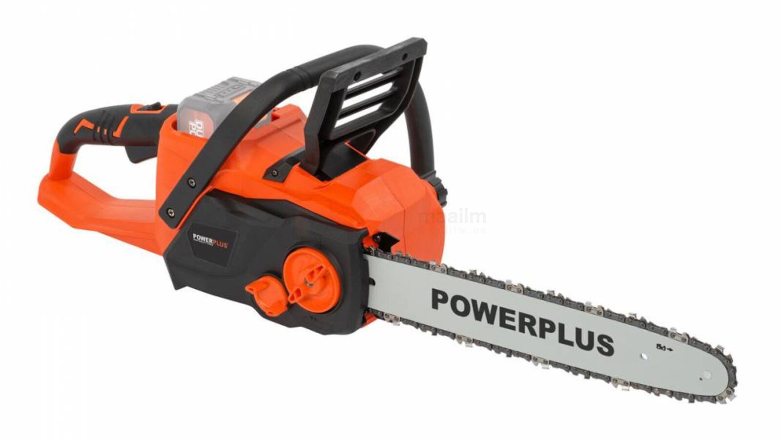 Pildil on oranž-must Powerplus Dualpower akukettsaag, millel on saekett ja juhtlatt.