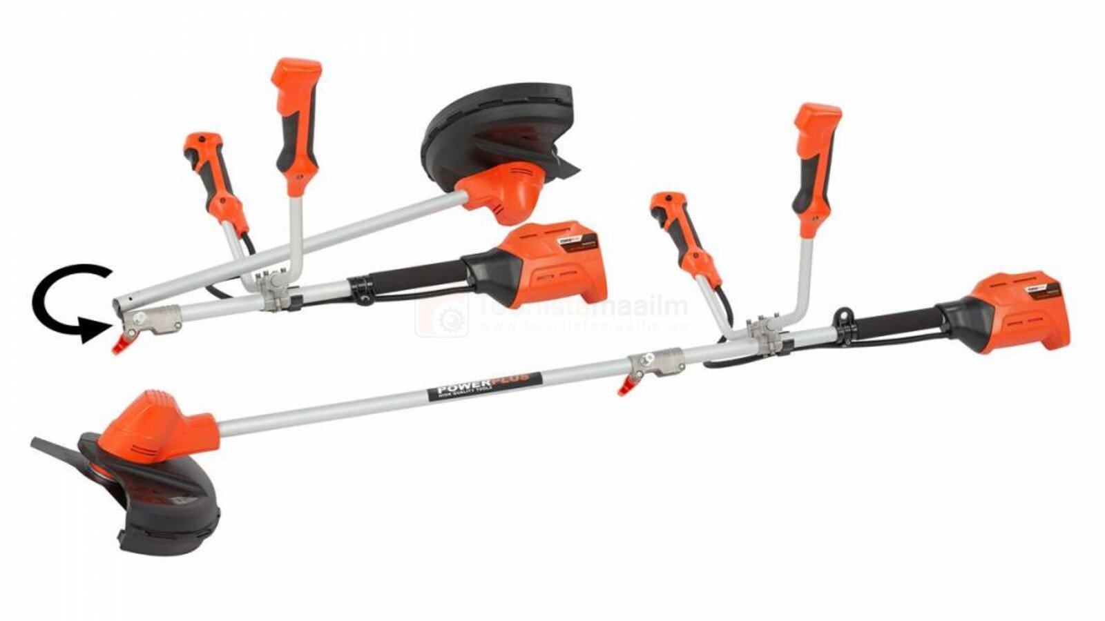 Pildil on näha Powerplus Dualpower akuga muru- ja võsatrimmer, mis on kokku pandud ja millel on reguleeritav pea.