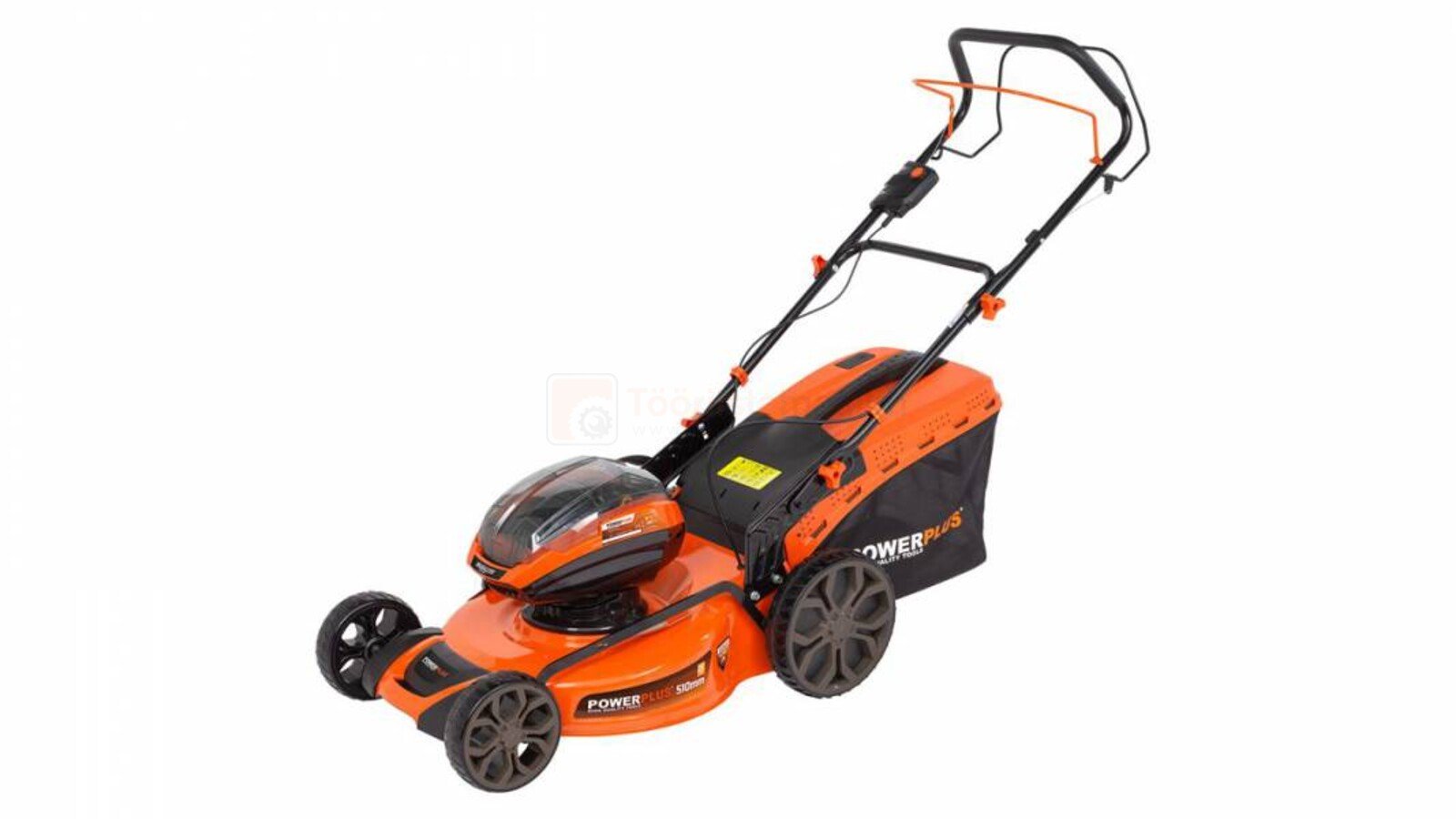 Pildil on oranž Powerplus Dualpower akumuruniiduk, millel on murukogumiskott ja mis on aku ja laadijata.