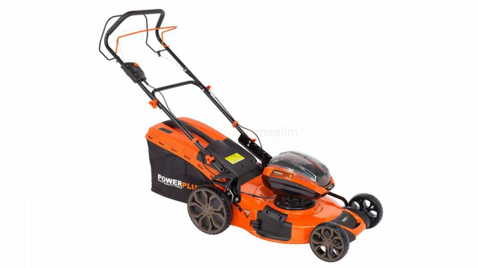 Pildil on oranž Powerplus Dualpower akumuruniiduk, millel on murukogumiskott ja kokkupandav käepide.