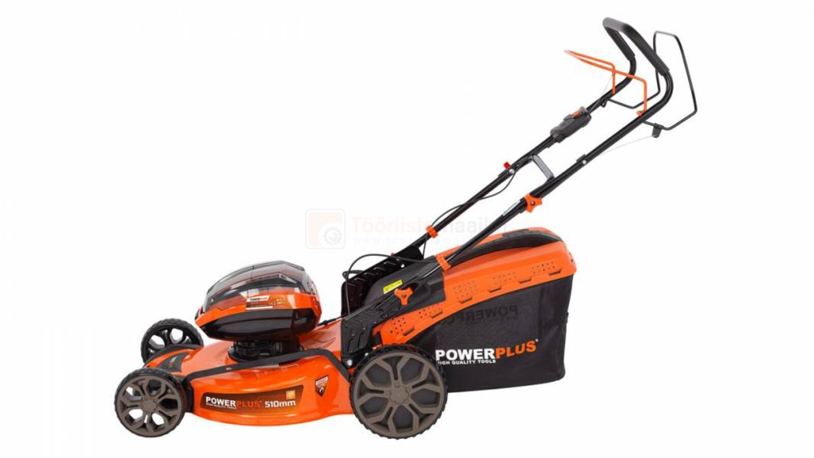 Pildil on oranž Powerplus Dualpower akumuruniiduk, millel on must murukogumiskott ja mis on aku ja laadijata.