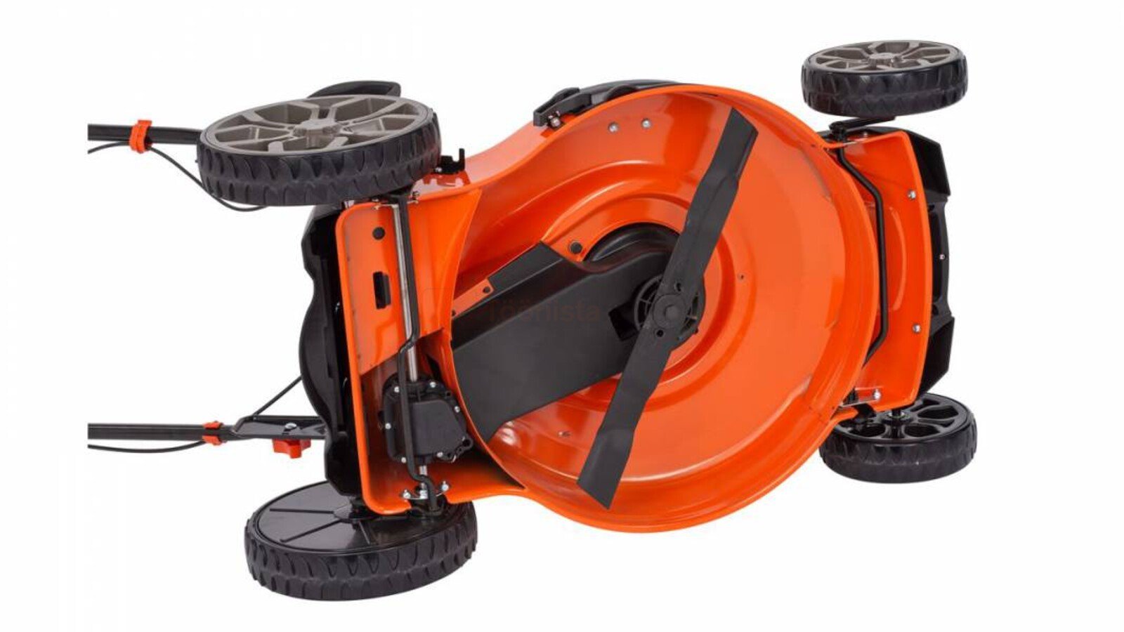 Pildil on näha oranž Powerplus Dualpower akumuruniiduk, millel on neli ratast ja lõiketerad.