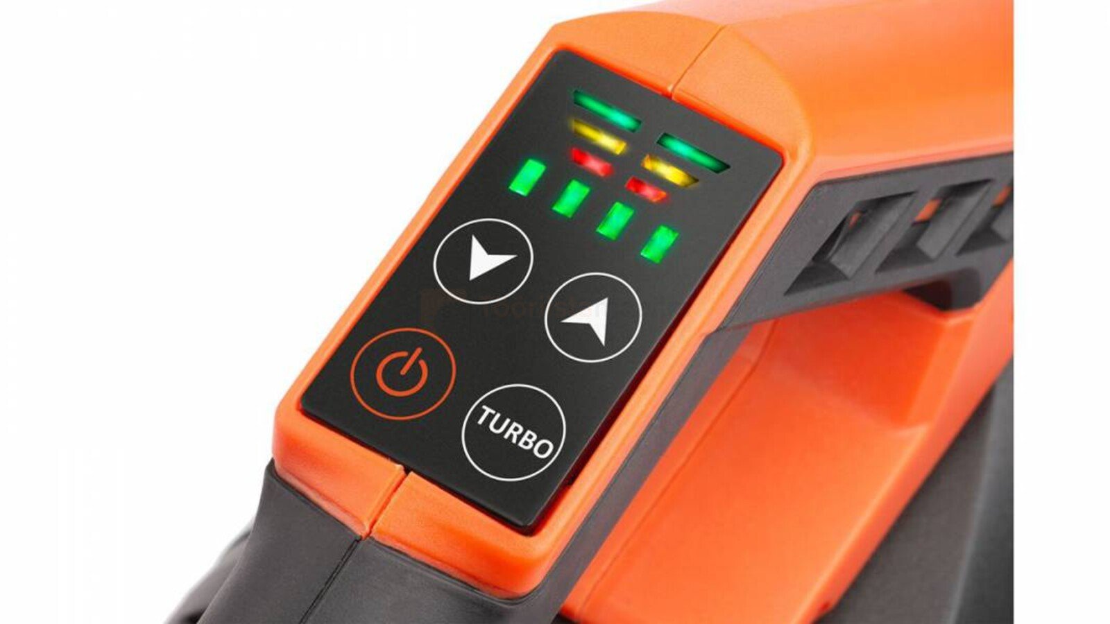 Pildil on Powerplus Dualpower lehepuhuri juhtpaneel, mis näitab aku laetuse taset ja võimaldab seadistada puhuri võimsust.