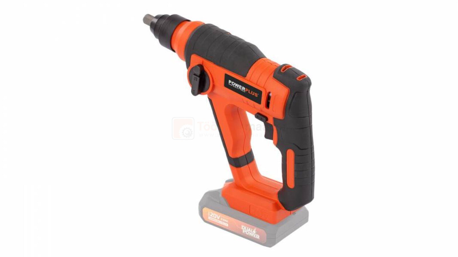 Pildil on Powerplus Dualpower akupuurvasar, mis on oranži ja musta värvi ning millel on küljes aku.