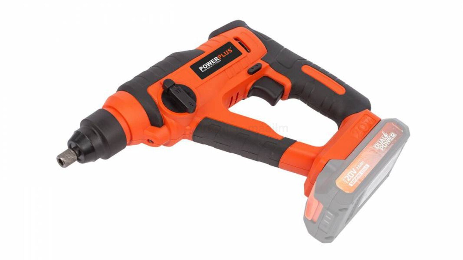 Pildil on oranž ja must Powerplus Dualpower akupuurvasar, millel puudub aku ja laadija.