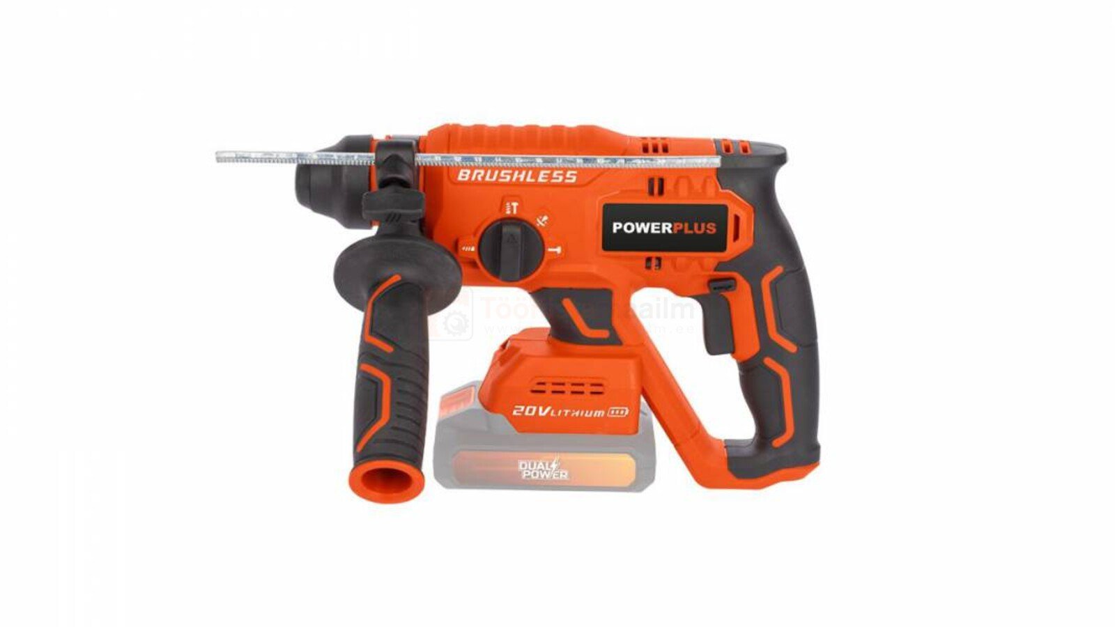 Pildil on oranž ja must Powerplus Dualpower akupuurvasar, millel on küljel lisakäepide, aku ja puur.