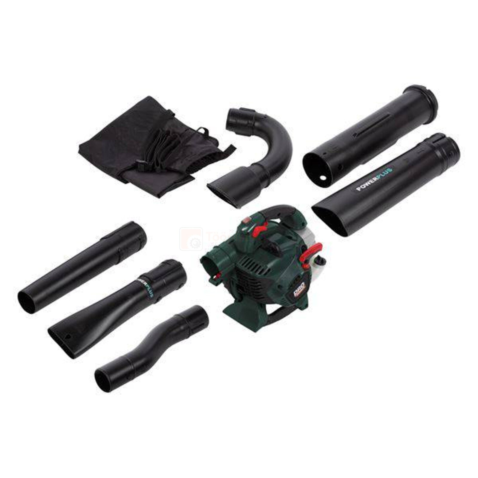 Pildil on Powerplus E lehepuhur-imur POWPG60140 koos erinevate otsikute, imukoti ja seadmega.