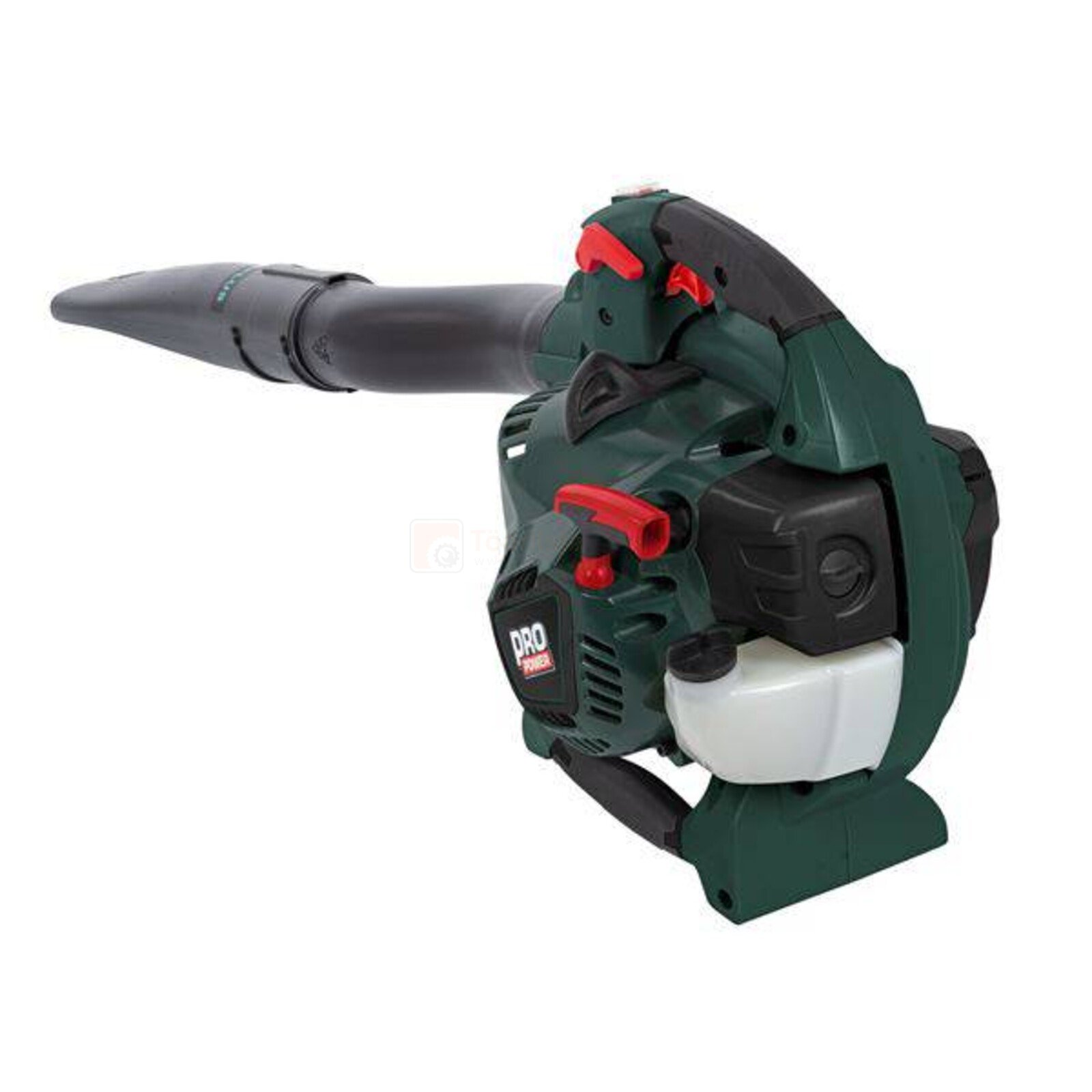 Pildil on Powerplus E lehepuhur-imur POWPG60140, mida näidatakse küljelt, koos puhumisotsakuga ja punaste detailidega.