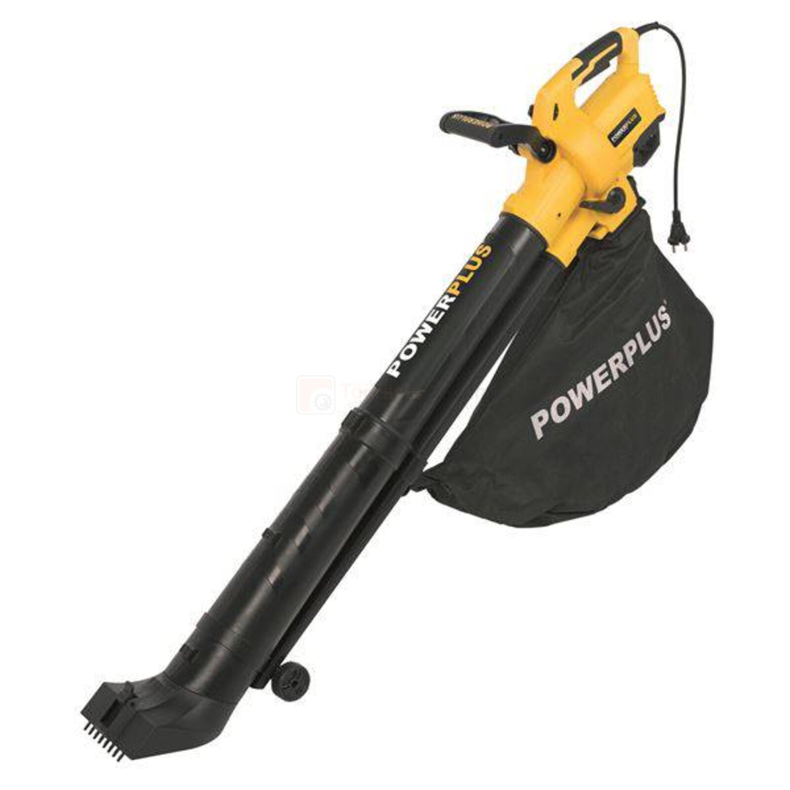 Pildil on kollane ja must Powerplus POWXG4038 lehepuhur-imur, millel on puhumisotsak, imukott ja käepide.