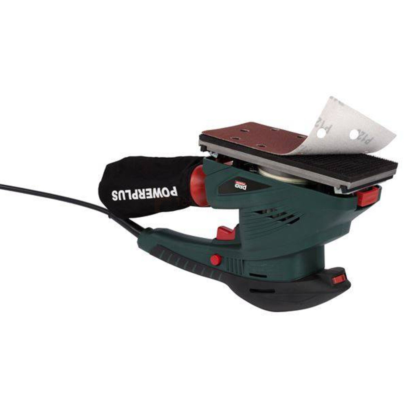 Pildil on näha Powerplus E taldlihvija POWP5020, millel on küljes lihvpaber ja tolmukott.