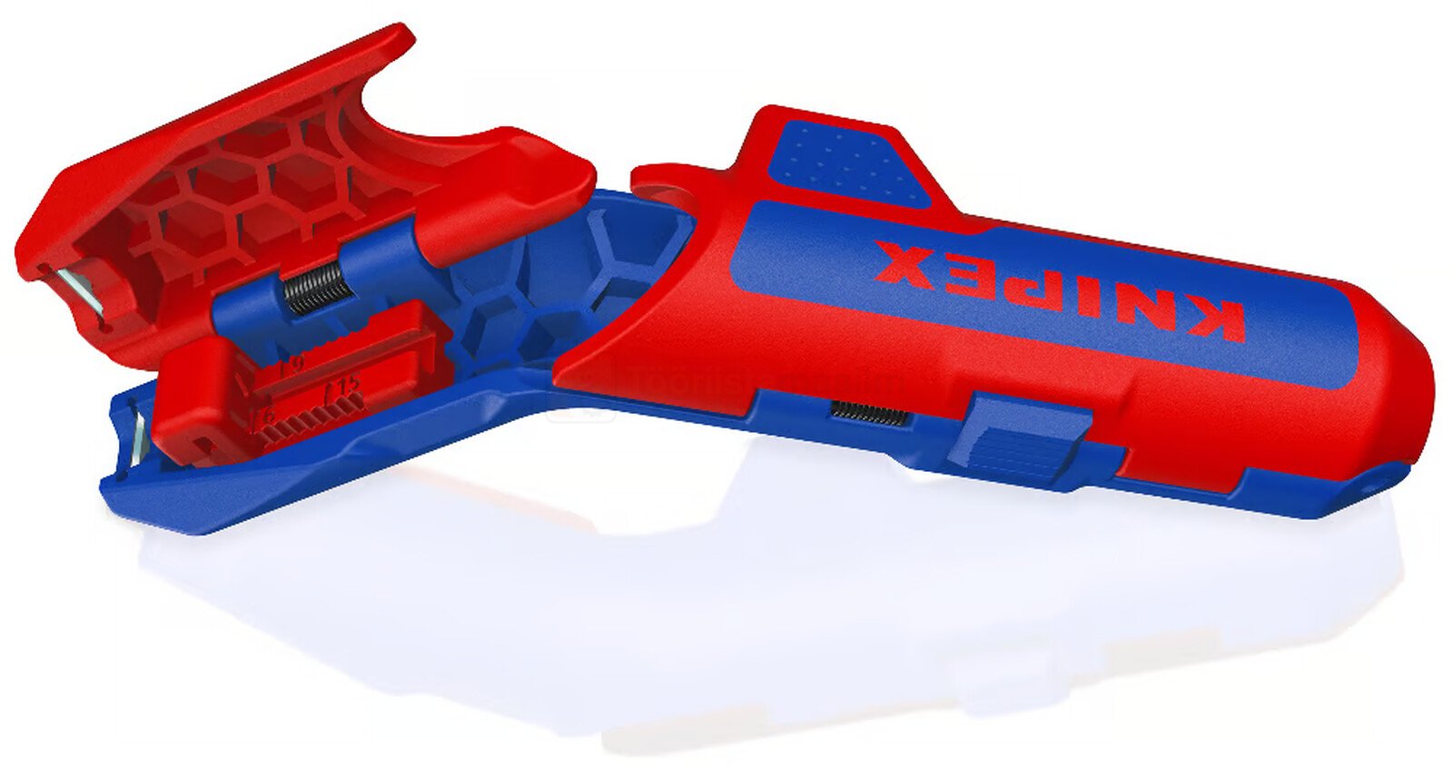 Pildil on avatud asendis punase ja sinise värviga Knipex kaablikoorija ErgoStrip® PV, mis on mõeldud 0,2-4 mm² kaablite...