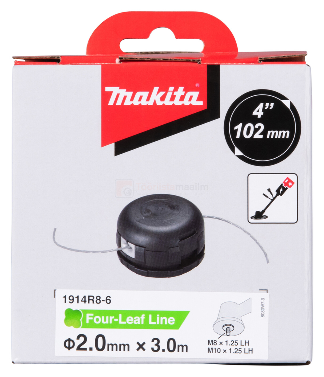 Pildil on Makita trimmipea BUMP&FEED 2,0 mm M8/M10 x 1,25LH pakend, mis sisaldab trimmipead, millel on neljaleheline...