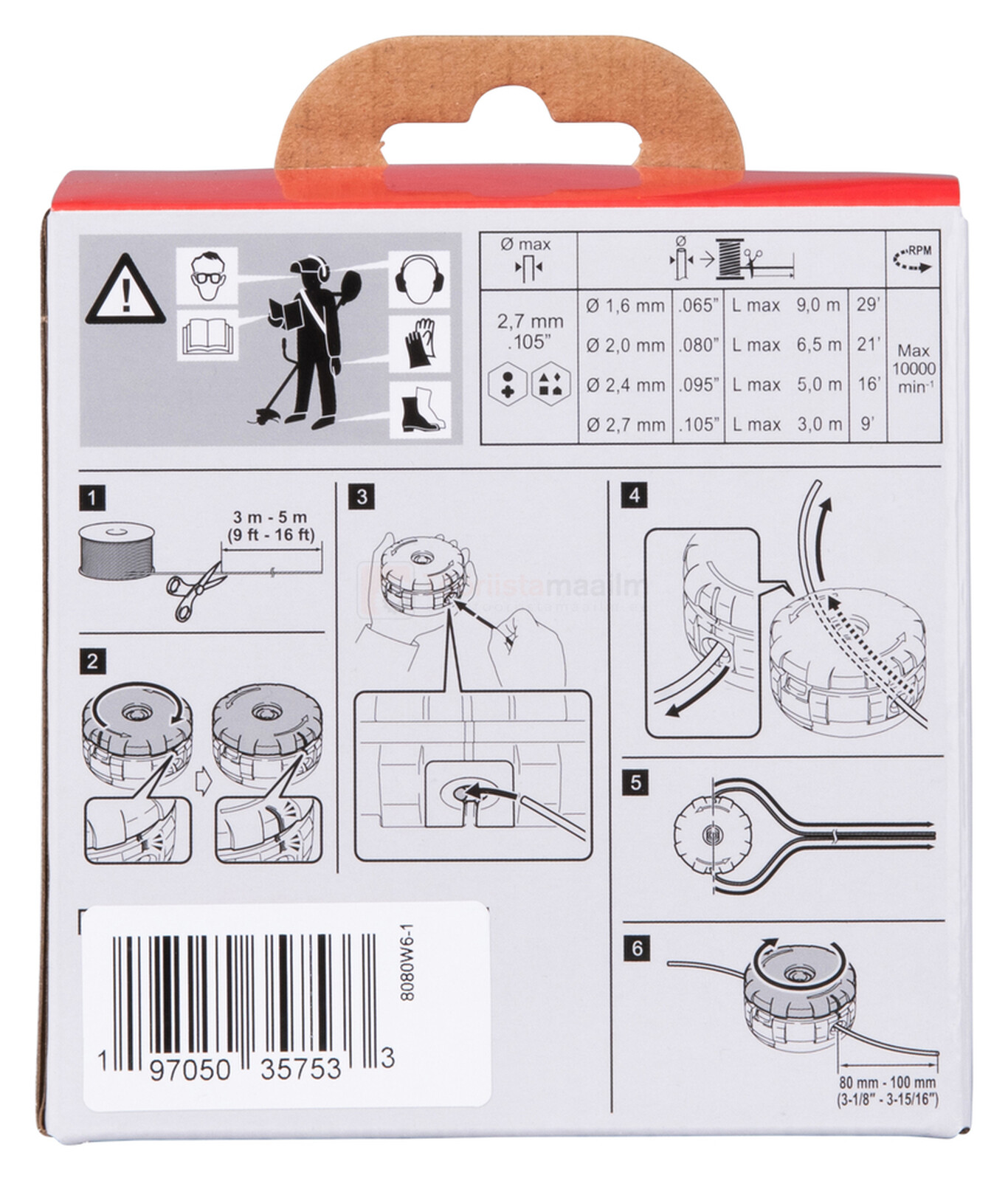 Pildil on Makita trimmipea BUMP&FEED 2,0 mm M8/M10 x 1,25LH pakendi tagakülg, mis sisaldab juhiseid ja tehnilisi andmeid.