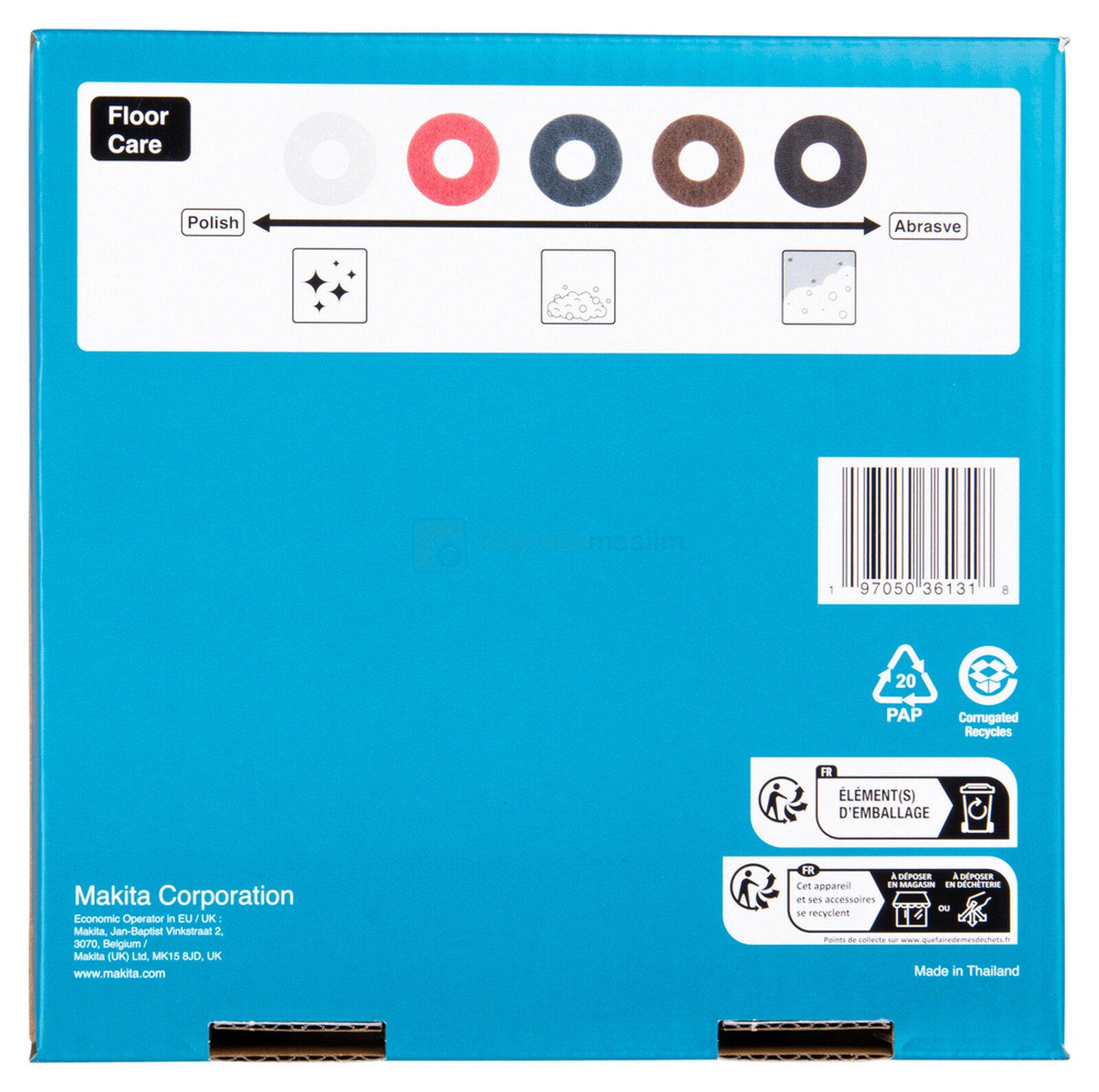 Pildil on Makita puhastus- ja poleerimisketta PS001G põrandahooldusmasinale karp, mis sisaldab erinevaid kettaid...