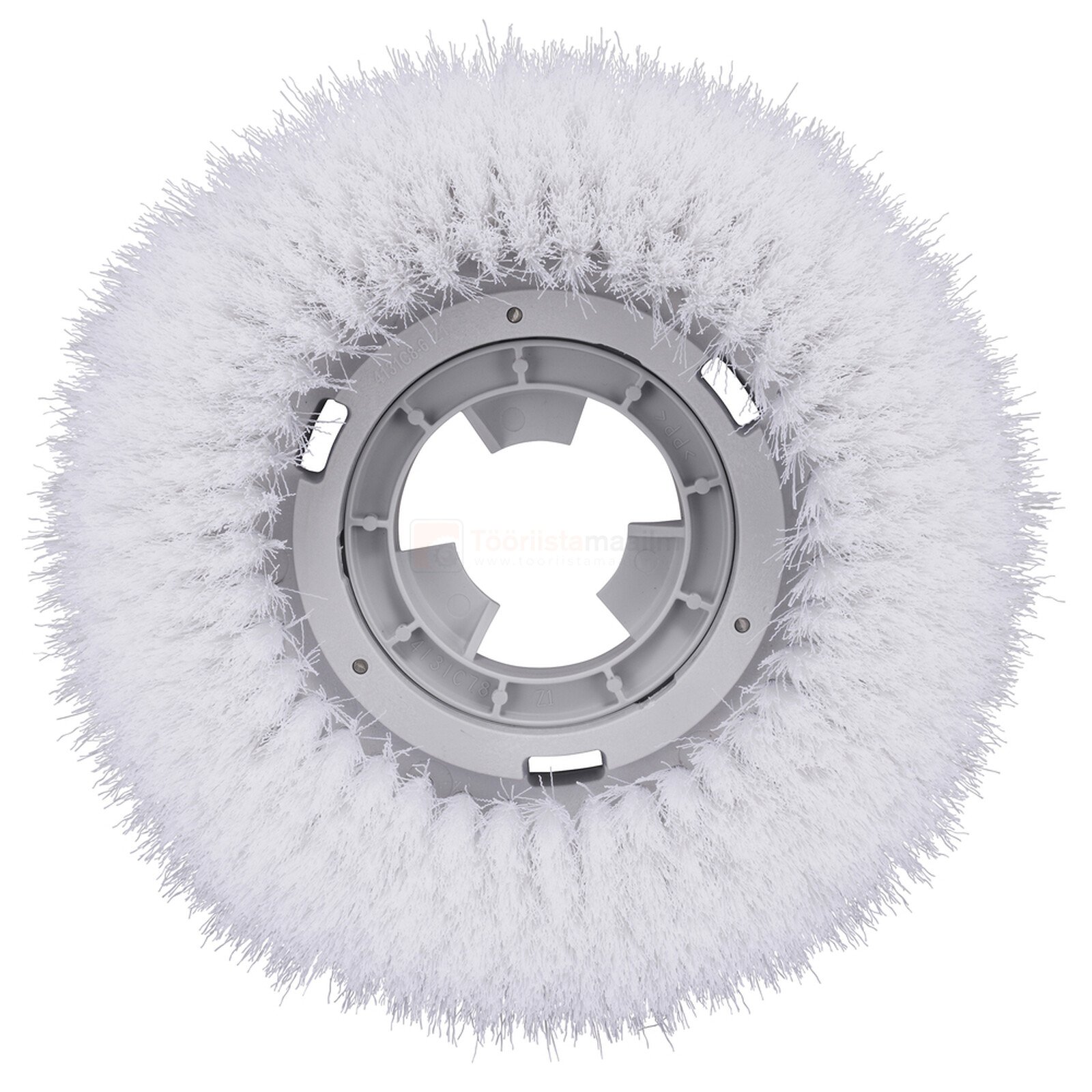 Pildil on Makita pesuhari PS001G põrandahooldusmasinale, millel on valged harjased ja hall keskmine osa.