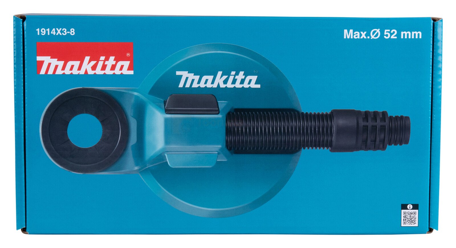 Pildil on Makita tolmueemalduse adapter puurimisel, mis on pakitud karpi ja näeb välja nagu seade, mis kinnitub puurile.