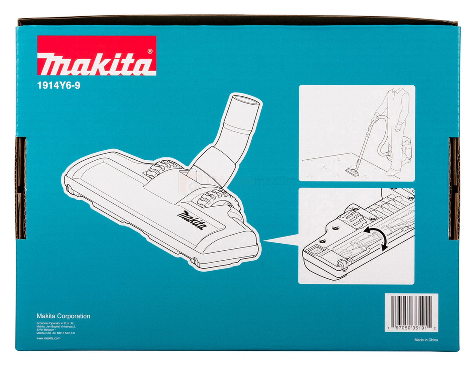 Pildil on Makita põrandaotsiku karp, millel on kujutatud toote joonis ja kasutusjuhend.