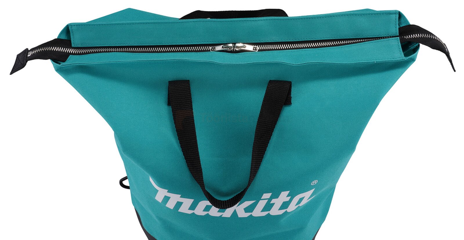 Pildil on avatud Makita tarvikute kott PS001G põrandahooldusmasinale, millel on peal Makita logo ja mustad sangad.