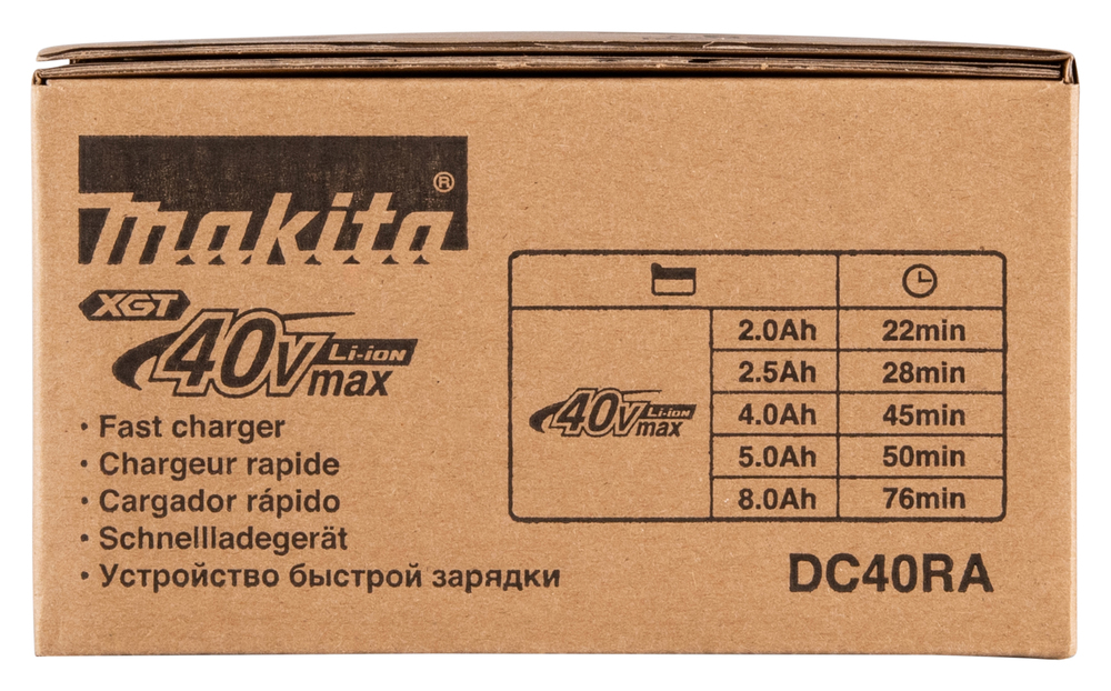 Pildil on Makita kiire akulaadija XGT DC40RA karp, millel on kirjas laadimisaeg erinevatele akutüüpidele.