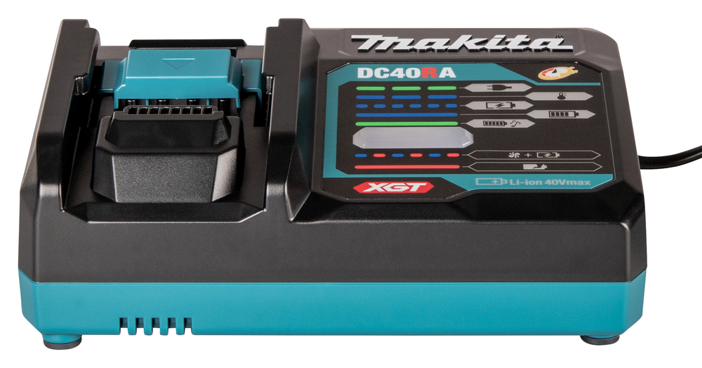 Pildil on Makita kiire akulaadija XGT DC40RA, millel on erinevad indikaatortuled ja -märgid.