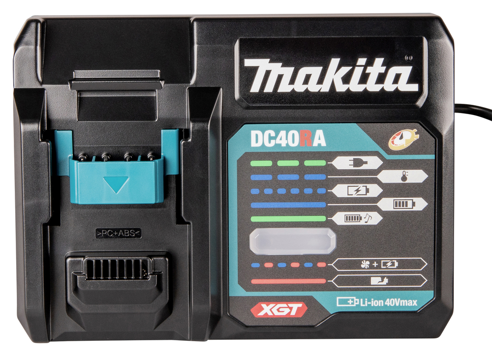 Pildil on musta värvi Makita kiire akulaadija XGT DC40RA, millel on roheliste ja siniste LED-tuledega teavituspaneel ja...