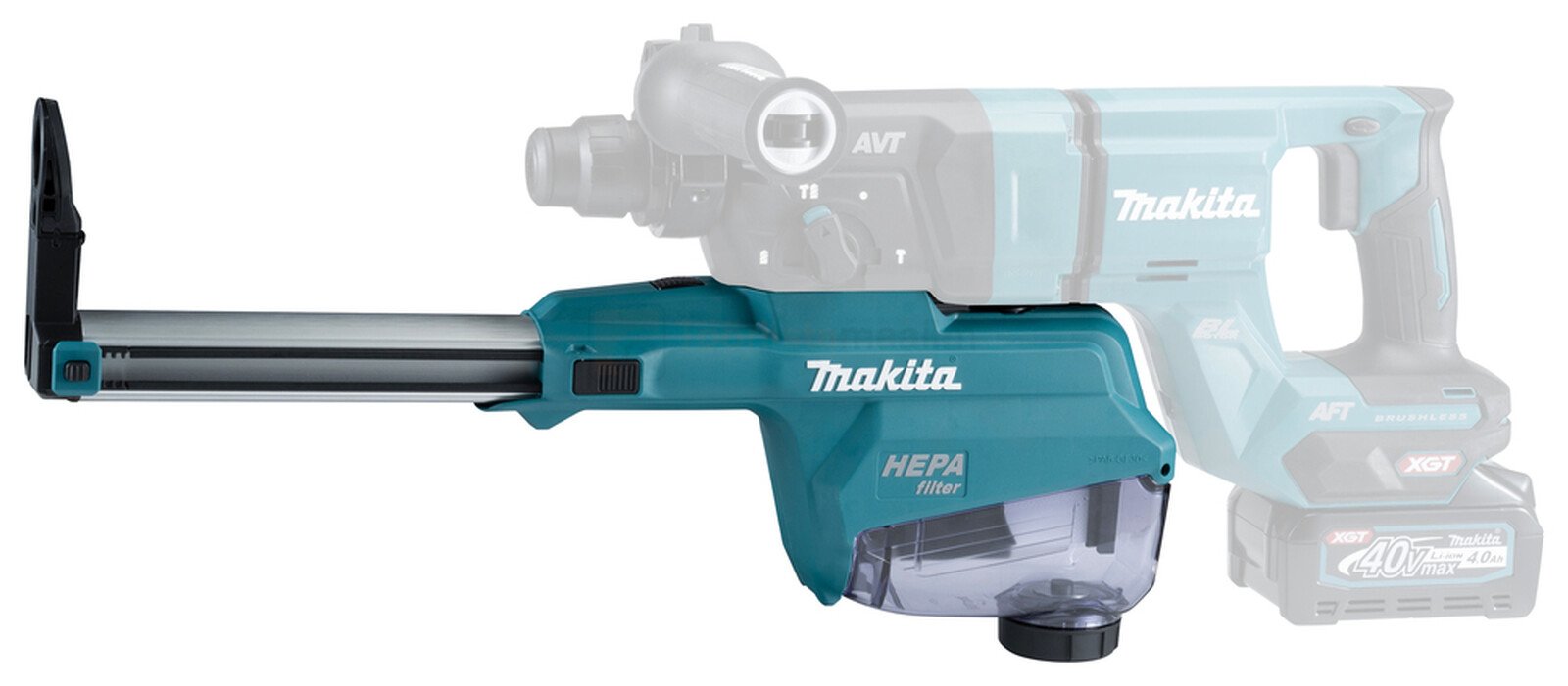 Pildil on Makita tolmukogumissüsteem DX15 HR007G, mis on kinnitatud Makita tööriista külge ja millel on HEPA filter.