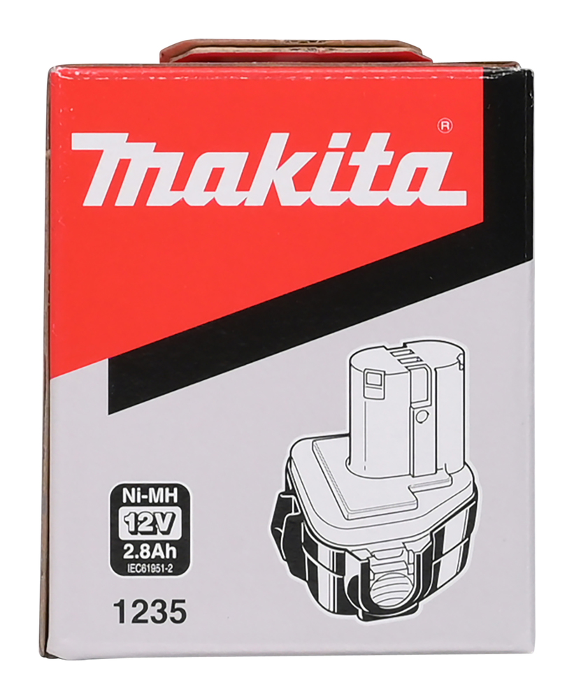 Pildil on Makita aku 12 V 2,8 Ah karp, millel on logo, toote pilt ja tehnilised andmed.