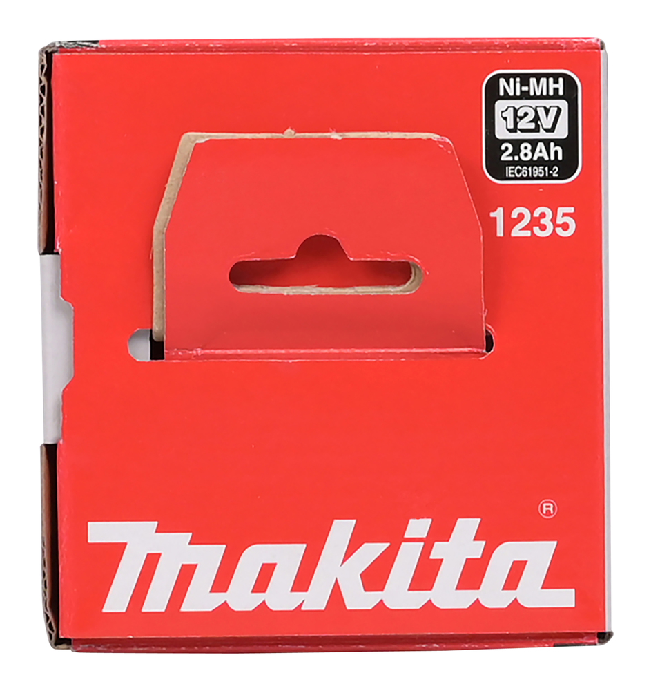 Pildil on punane Makita aku 12V 2,8Ah karp, millel on riputusauk ja teave aku spetsifikatsioonide kohta.