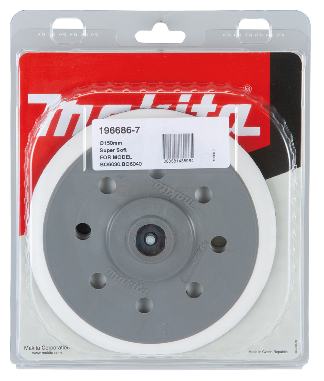 Pildil on Makita lihvtald BO6030 / BO6040 150 mm, eriti pehme, mis on pakendatud läbipaistvasse blisterpakendisse.