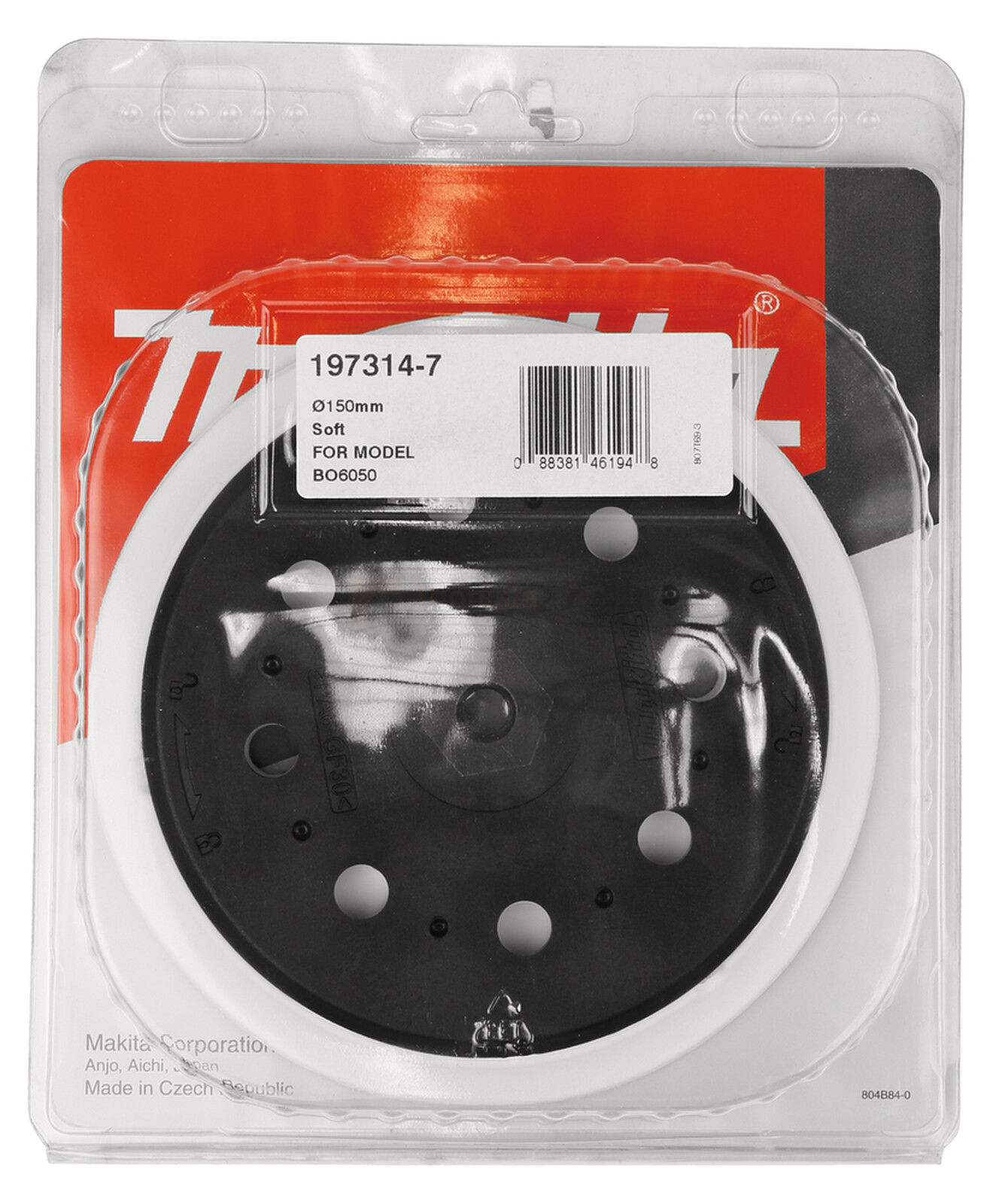 Pildil on Makita lihvtald BO6050 150 mm, pehme, mis on pakitud läbipaistvasse plastpakendisse.