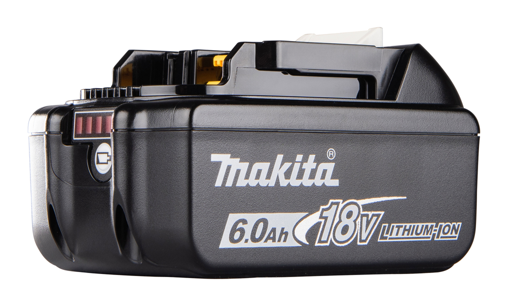 Pildil on musta värvi Makita aku, 18 V 6,0 Ah BL1860B mudel, millel on märgitud Makita logo ja aku laetuse indikaator.