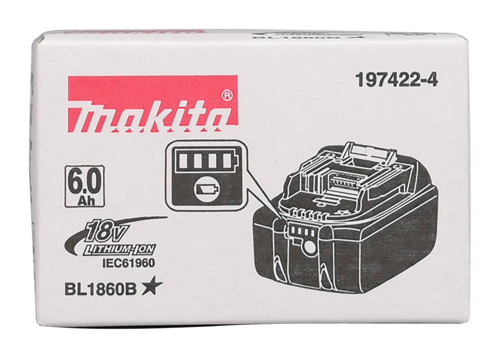 Pildil on valge karp Makita 18 V 6,0 Ah BL1860B aku kohta, millel on Makita logo, toote tüüp, aku pinge ja mahtuvus...