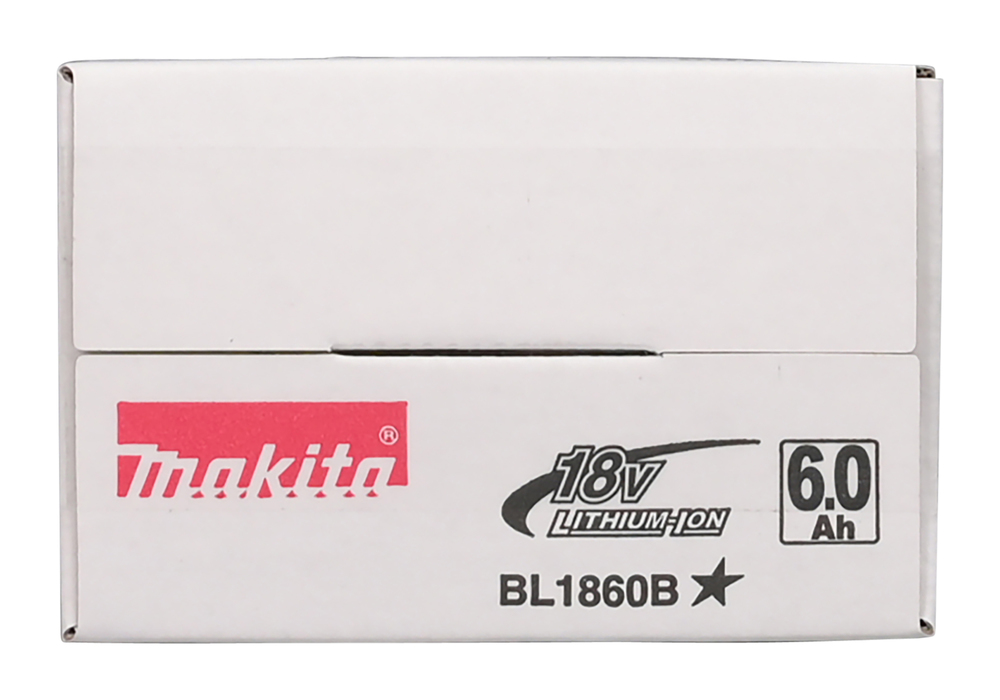 Pildil on valge Makita aku 18 V 6,0 Ah BL1860B karbi esikülg, millel on Makita logo, akupinge ja mahtuvuse näitajad.