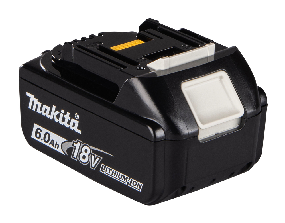Pildil on must Makita aku 18 V 6,0 Ah BL1860B, millel on valged detailid ja peal kirjas tootja logo.