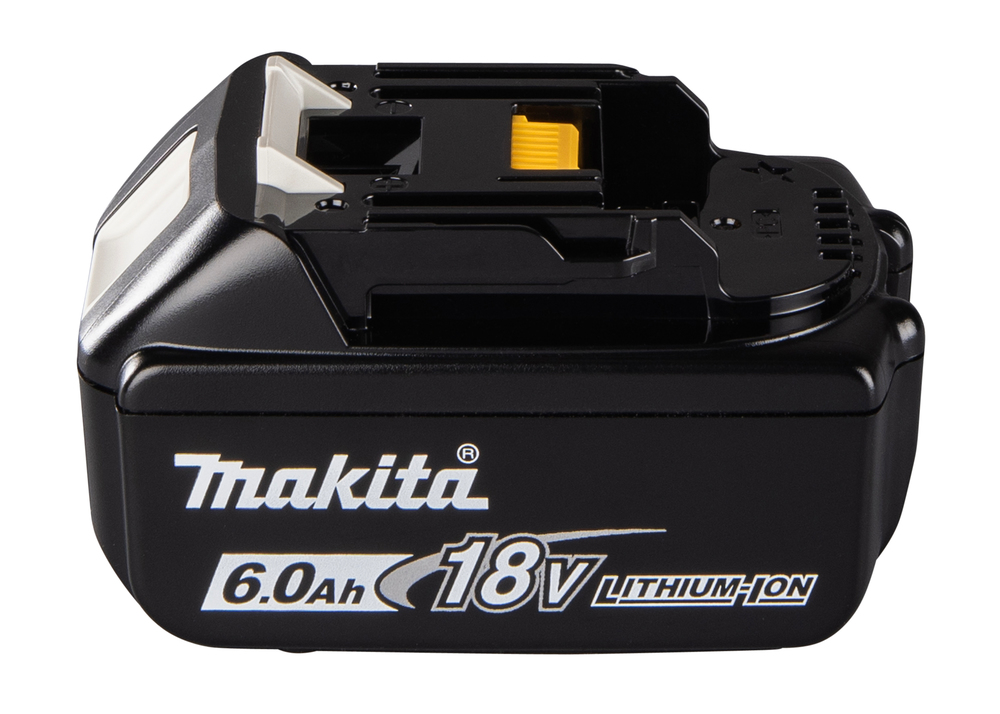 Pildil on must Makita aku, 18 V 6,0 Ah BL1860B mudel, millel on nähtav toote nimi ja spetsifikatsioonid.