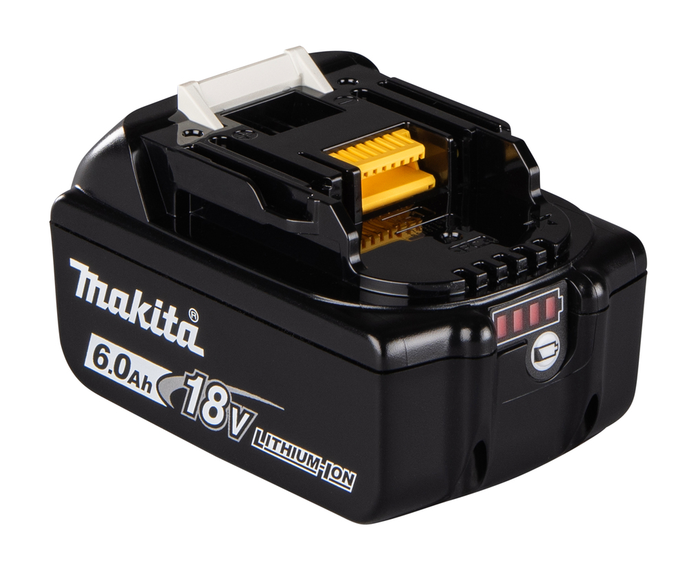 Pildil on musta värvi Makita aku 18 V 6,0 Ah BL1860B, mis on mõeldud tööriistadele ning nähtavad on aku laetuse...